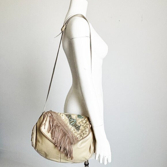 Sharif Shoulder Bag Messenger 80s Retro Snake Skin Leather Fringe Boho - Picture 3 of 10